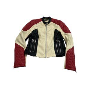 Zara Faux Leather Jacket with Zips in Ivory Black Red